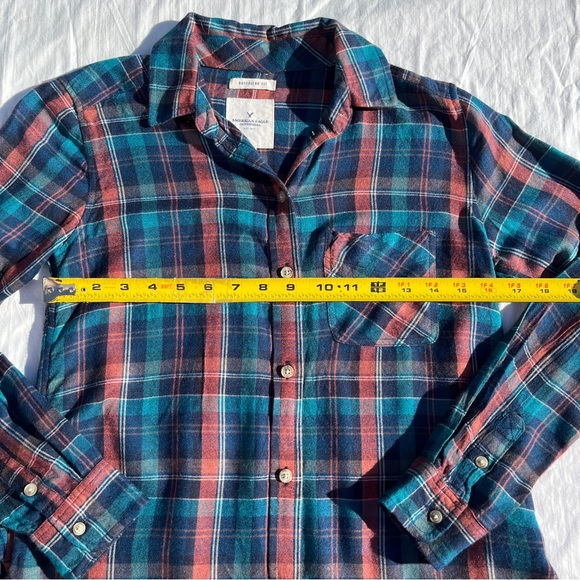 AEO Soft Plaid Flannel Boyfriend Fit Turquoise Rust Button Down Shirt - Size XS - Picture 7 of 14
